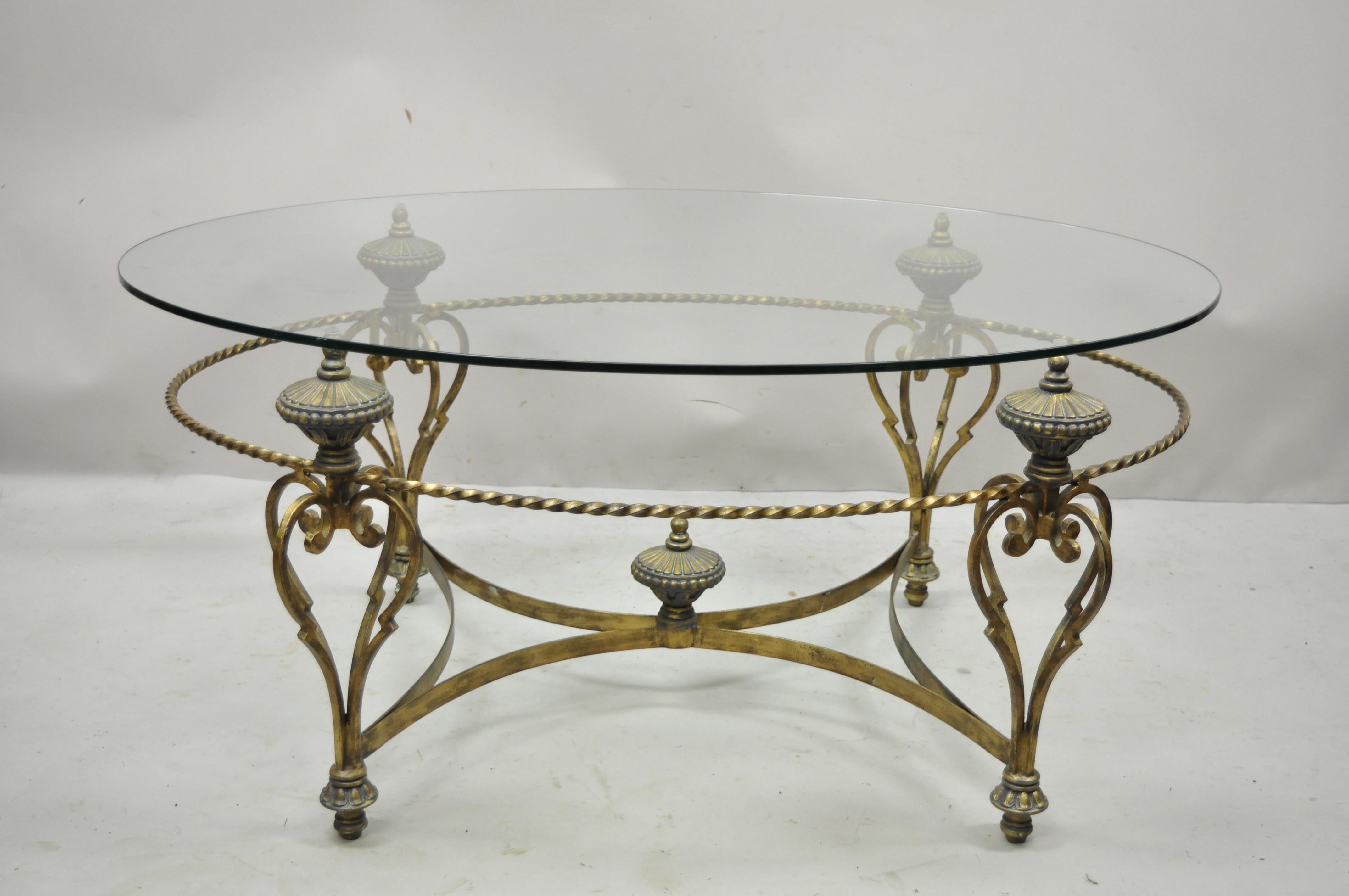 Vintage Italian Regency Wrought Iron Oval Glass Top Urn Finial Coffee Table 5