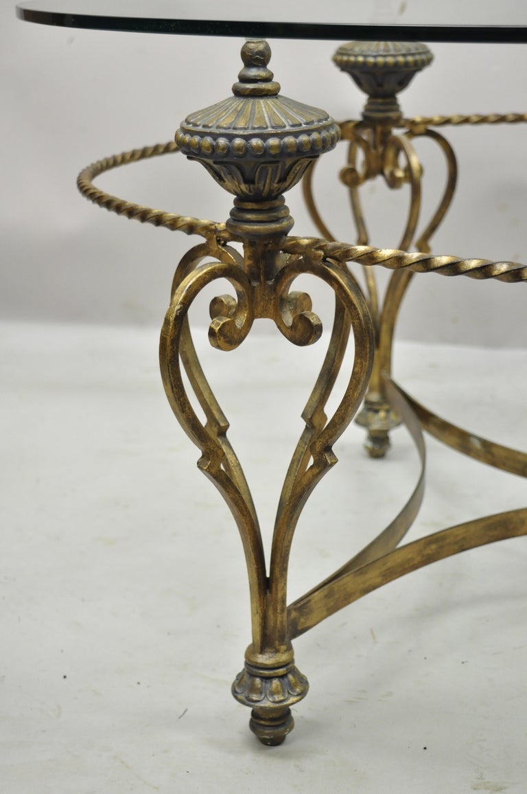 Vintage Italian Regency Wrought Iron Oval Glass Top Urn Finial Coffee Table In Good Condition For Sale In Philadelphia, PA