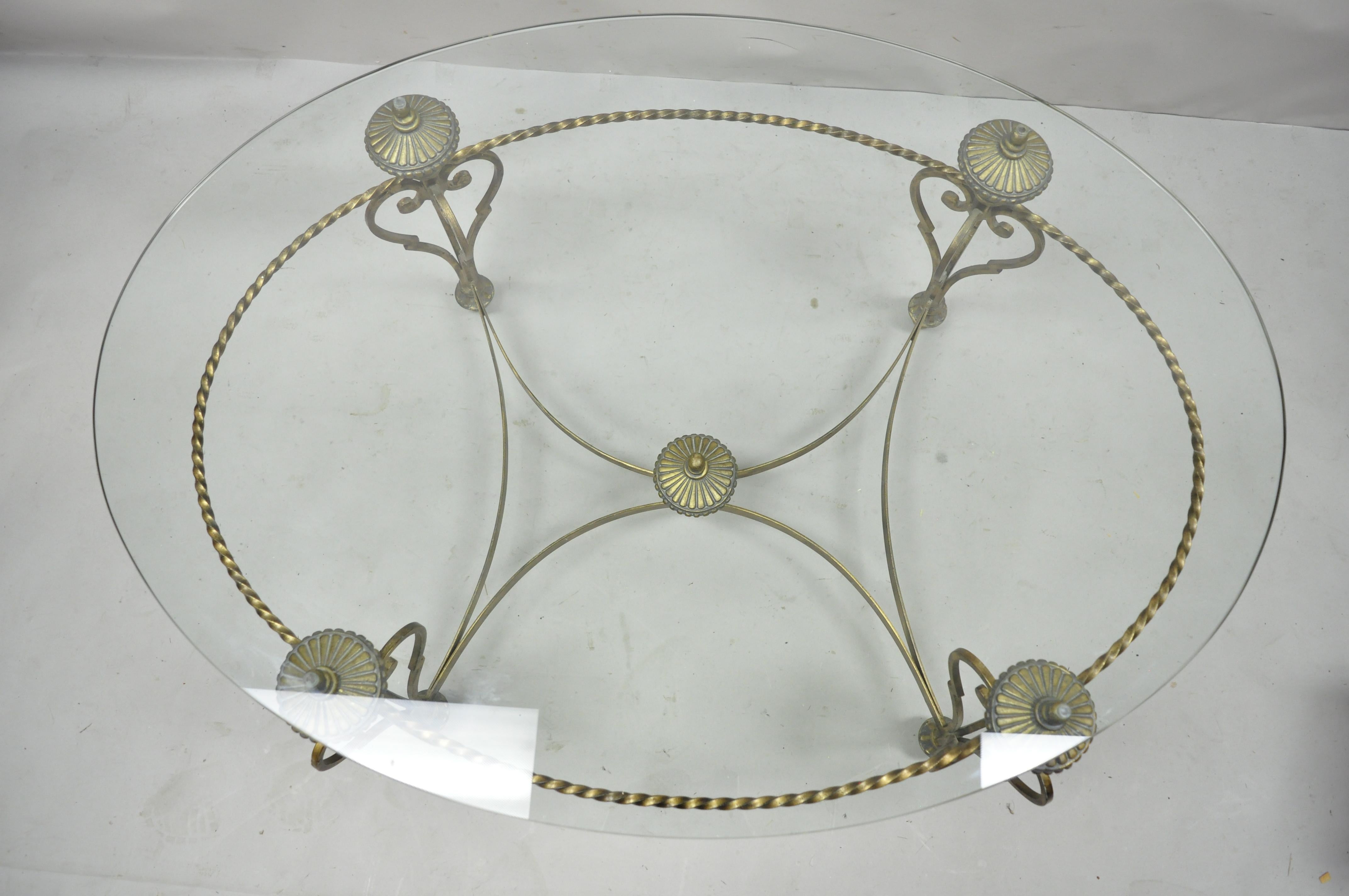 Vintage Italian Regency Wrought Iron Oval Glass Top Urn Finial Coffee Table In Good Condition In Philadelphia, PA