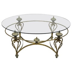 Vintage Italian Regency Wrought Iron Oval Glass Top Urn Finial Coffee Table