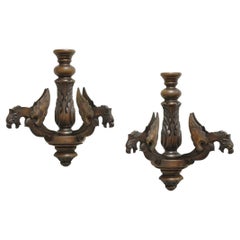Vintage Italian Renaissance Carved Walnut Winged Griffin Wall Sconces - a Pair