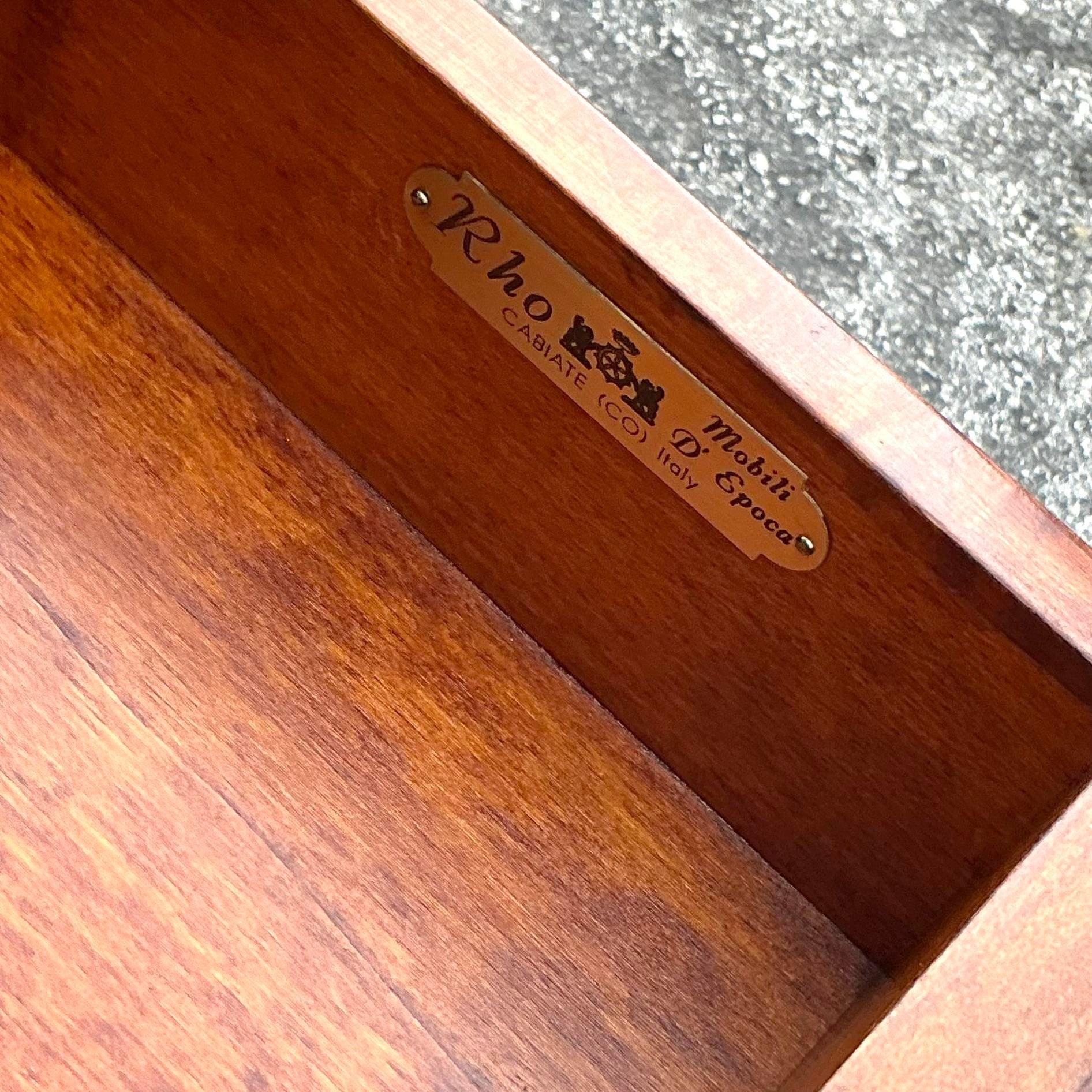 American Vintage Italian Rho Custom Leather Embossed Burl Wood Writing Desk For Sale