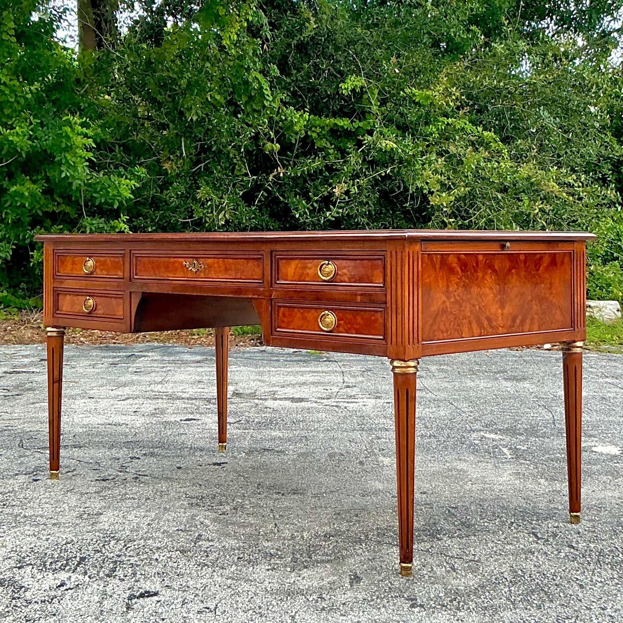 Vintage Italian Rho Custom Leather Embossed Burl Wood Writing Desk In Good Condition For Sale In west palm beach, FL