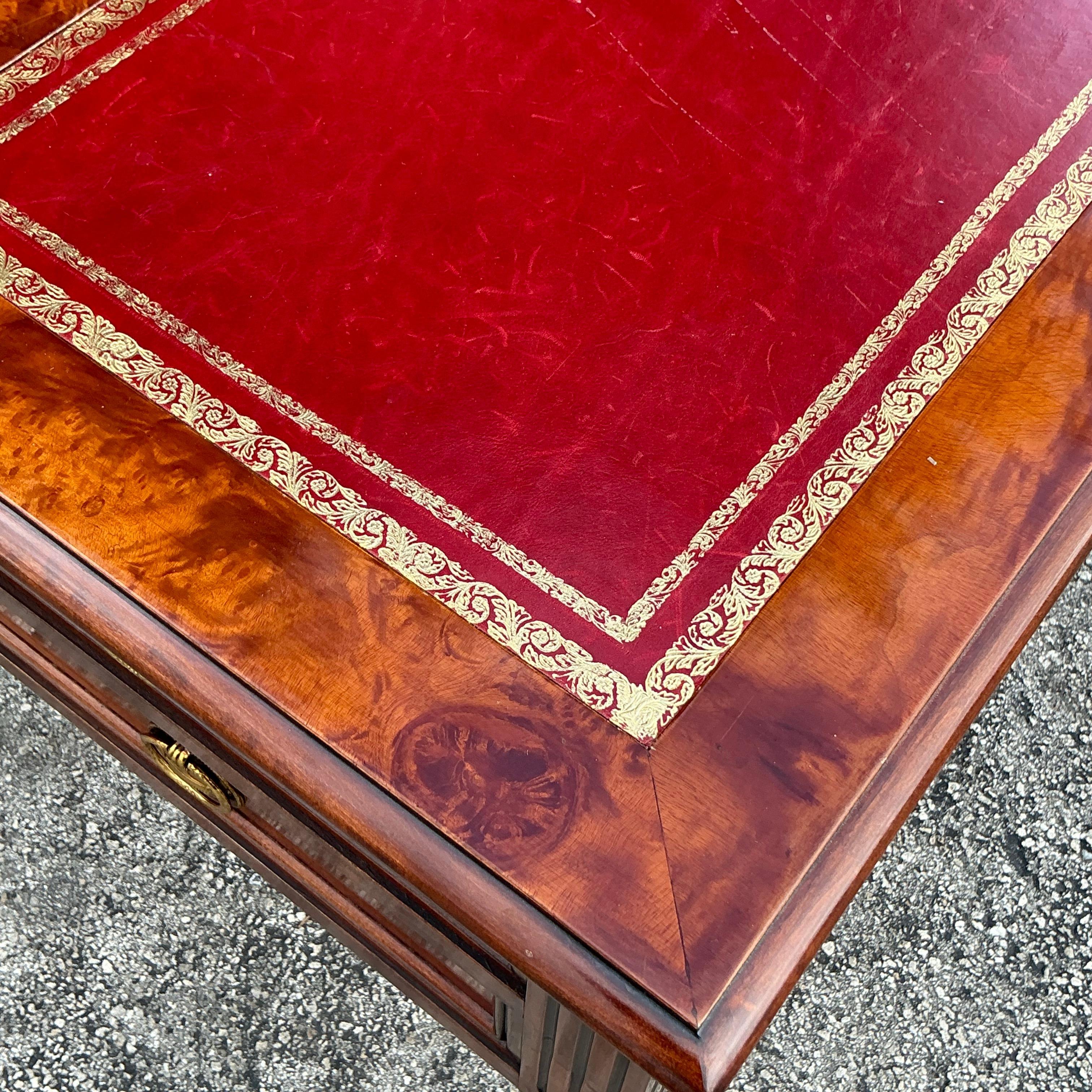 20th Century Vintage Italian Rho Custom Leather Embossed Burl Wood Writing Desk For Sale