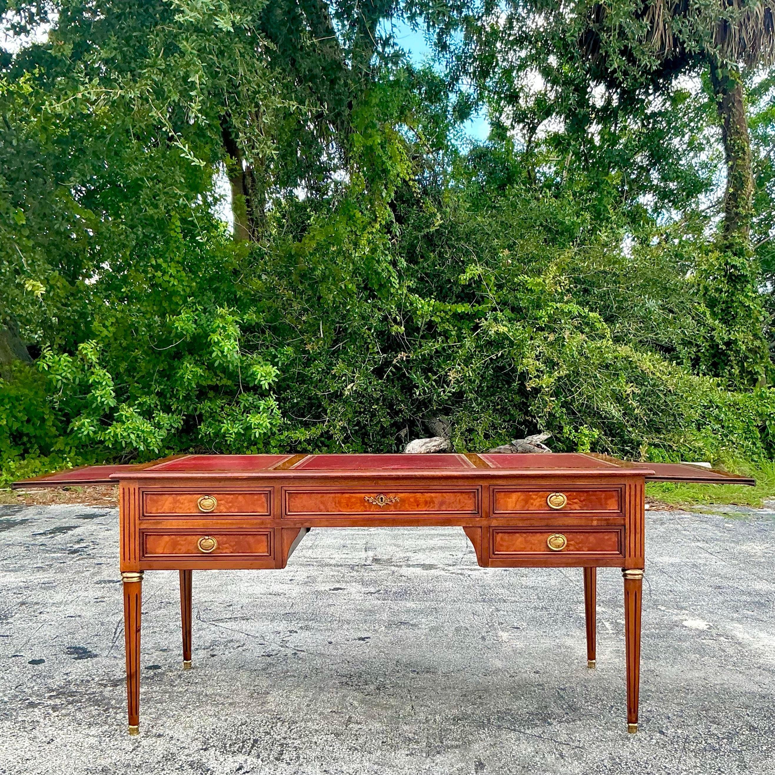 Metal Vintage Italian Rho Custom Leather Embossed Burl Wood Writing Desk For Sale