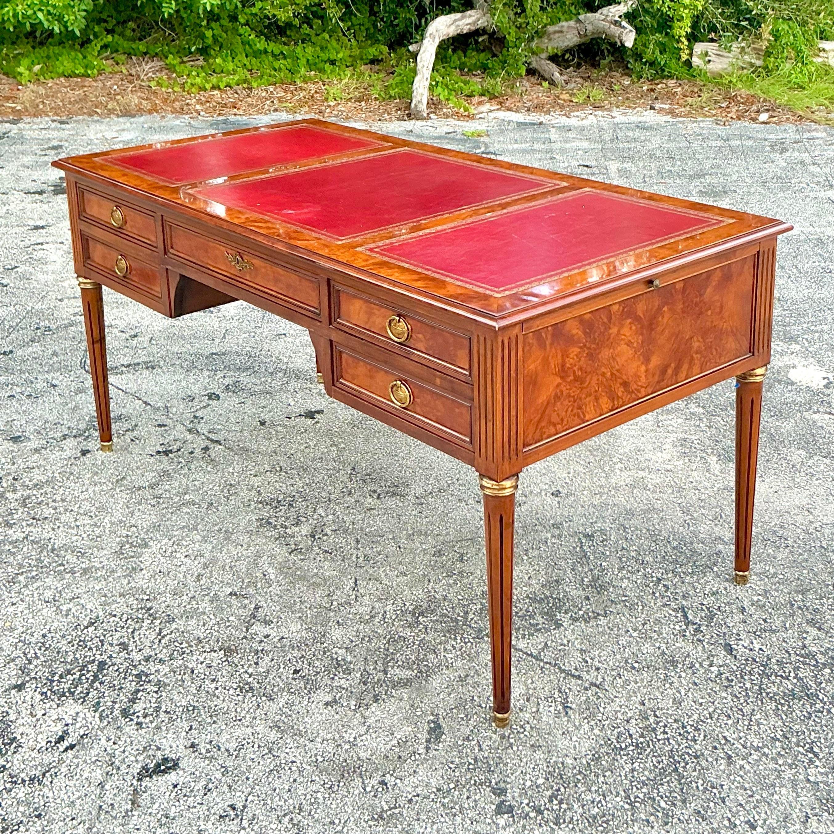 Vintage Italian Rho Custom Leather Embossed Burl Wood Writing Desk For Sale 1