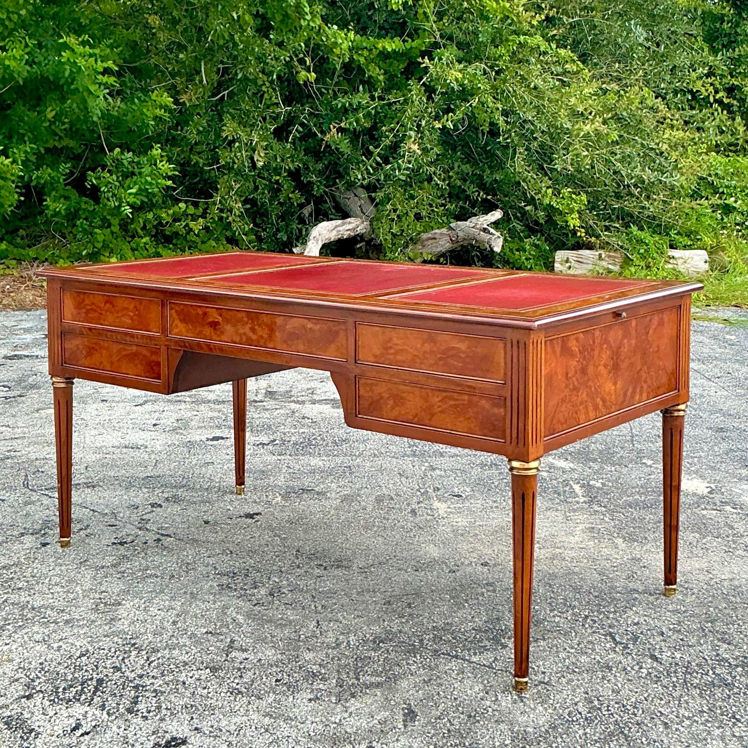 Vintage Italian Rho Custom Leather Embossed Burl Wood Writing Desk For Sale 2