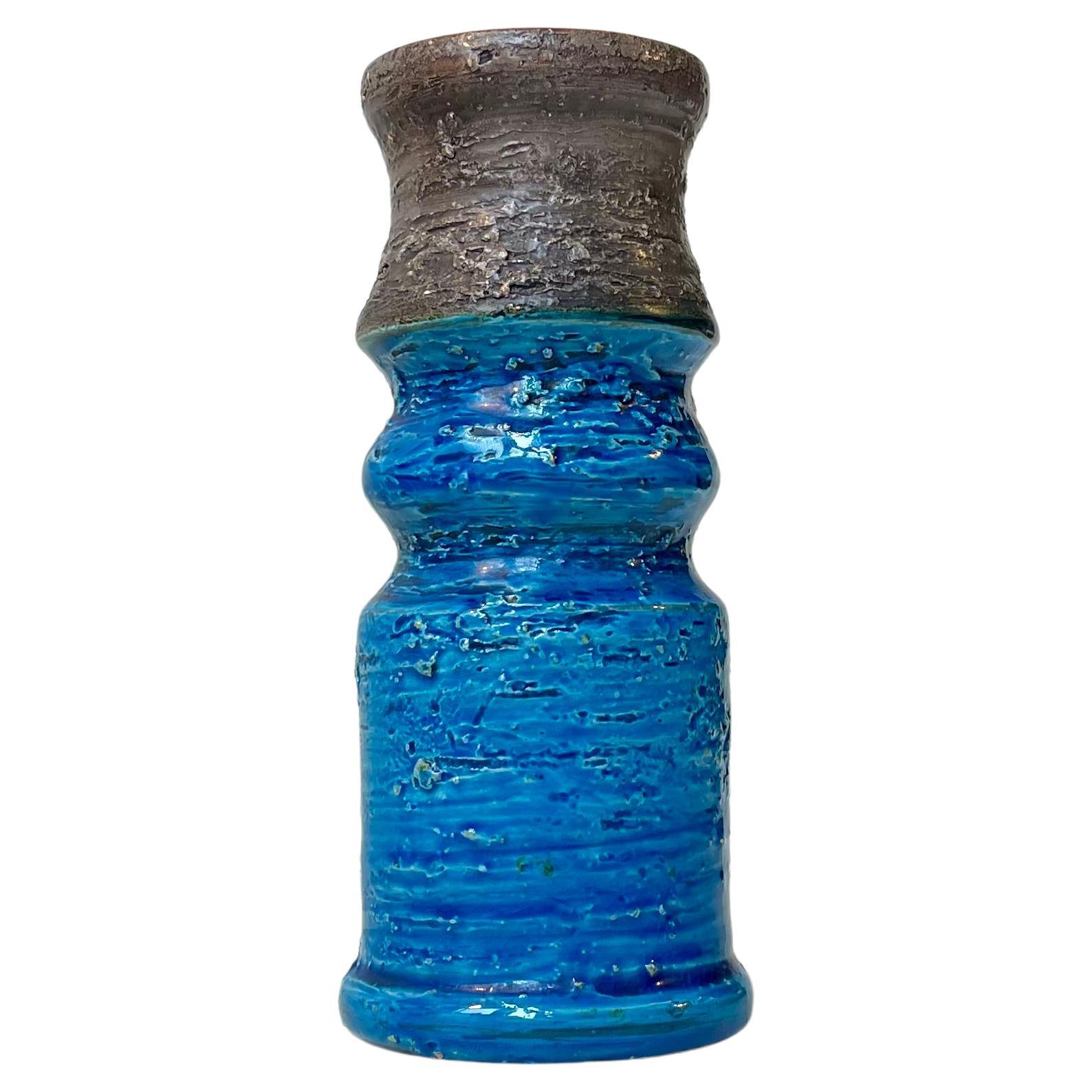 Vase italien vintage Rimini en grès émaillé bleu par Aldo Londi pour Bitossi
