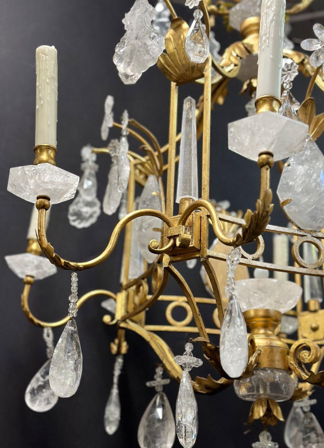 Vintage Italian Rock Crystal & Gilt Metal Chandelier, 20th Century In Good Condition For Sale In Los Angeles, CA