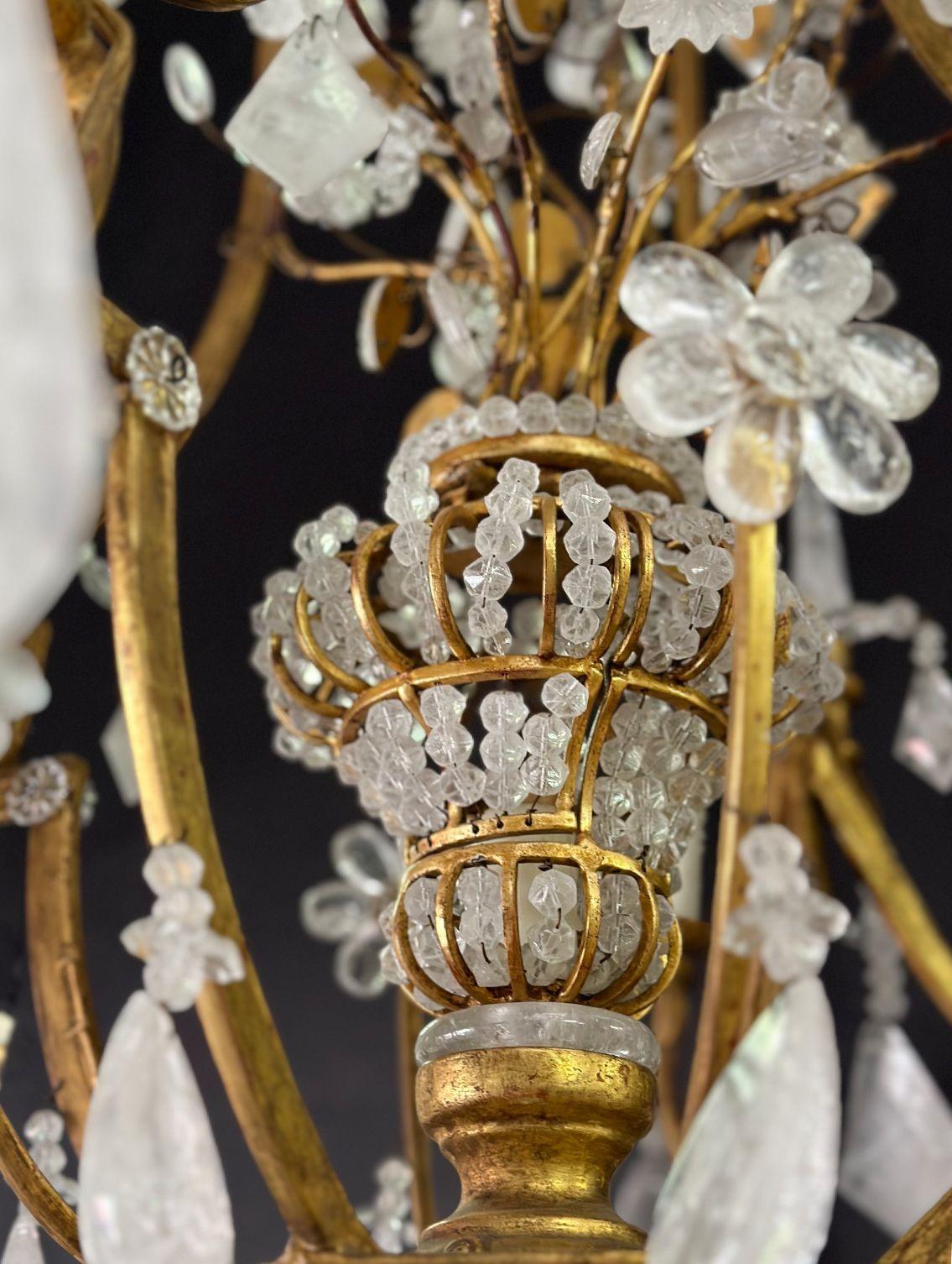 Vintage Italian Rock Crystal & Gilt Metal Chandelier In Good Condition For Sale In Los Angeles, CA