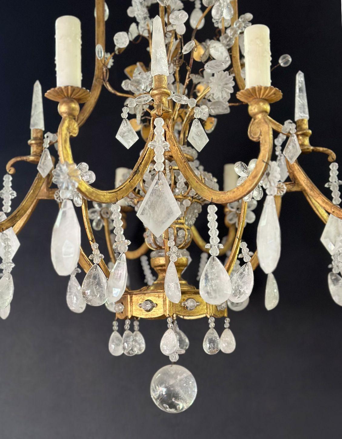 20th Century Vintage Italian Rock Crystal & Gilt Metal Chandelier For Sale