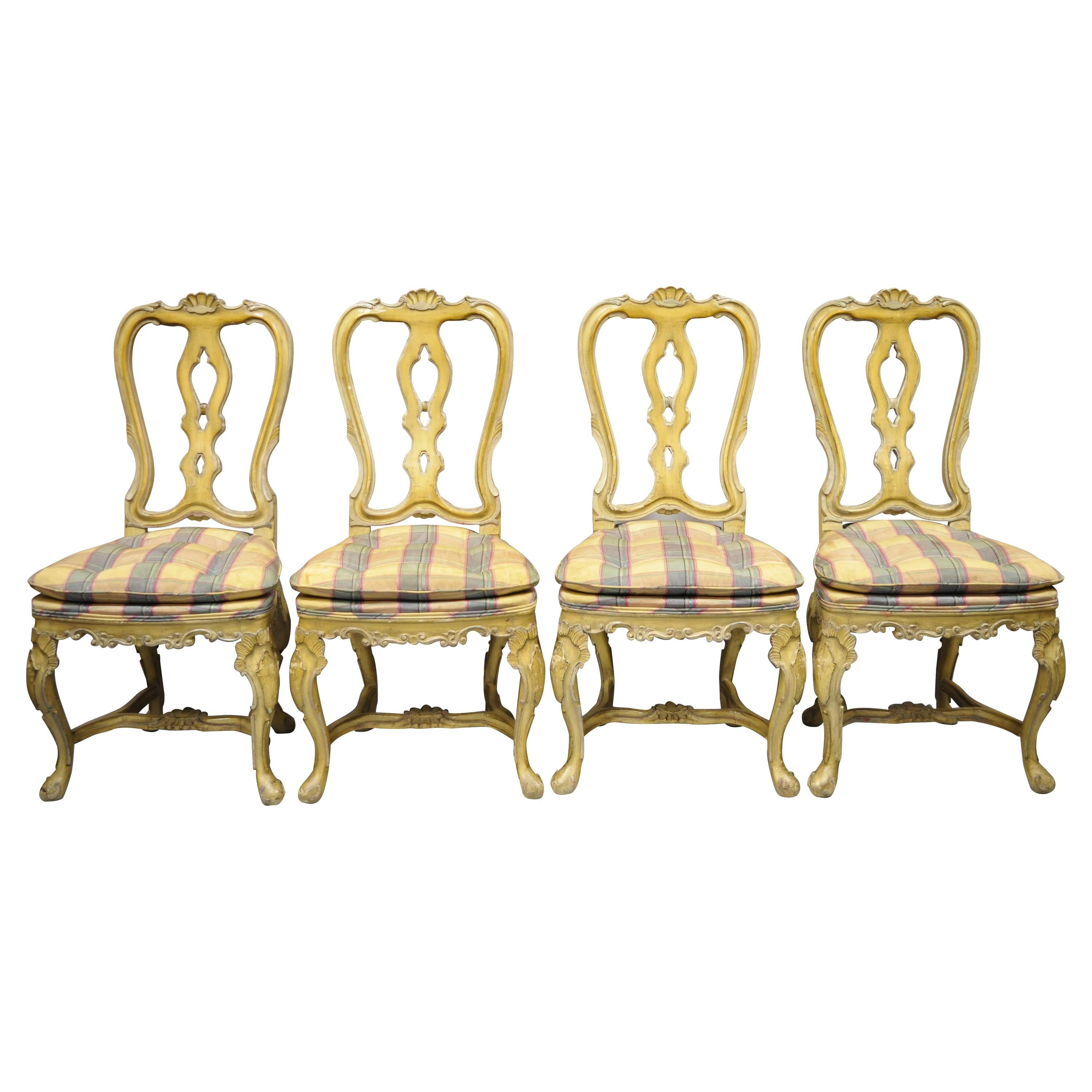 Vintage Italian Rococo Baroque Cream Distress Painted Dining Chairs, Set of 4