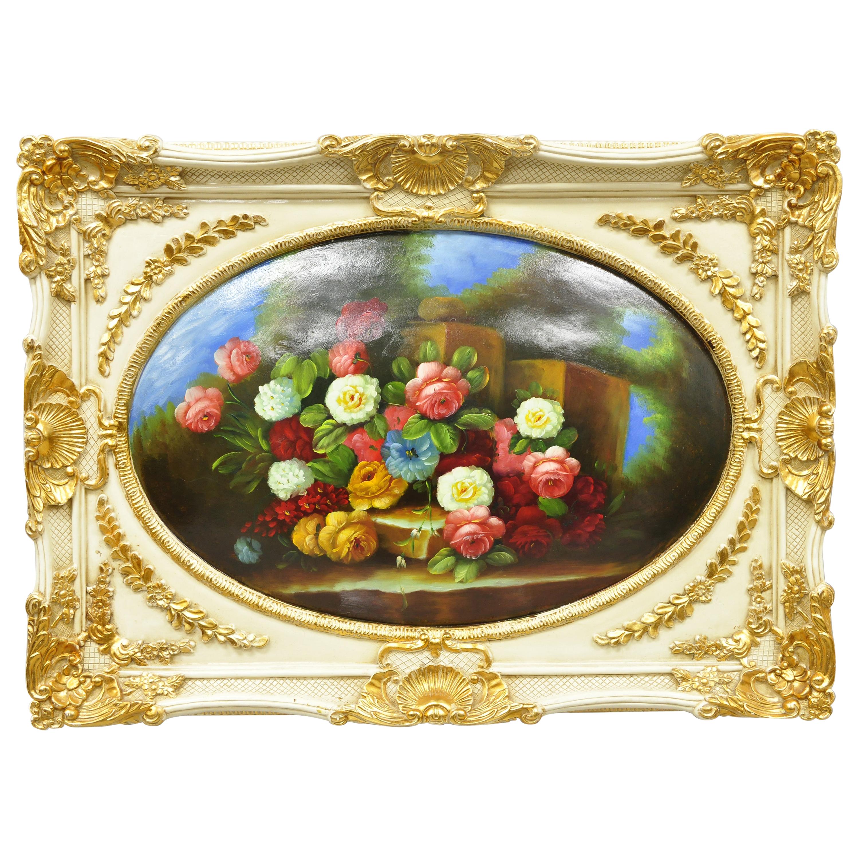 Vintage Italian Rococo Flower Still Life Wall Art Painting by Mirtex Trading For Sale