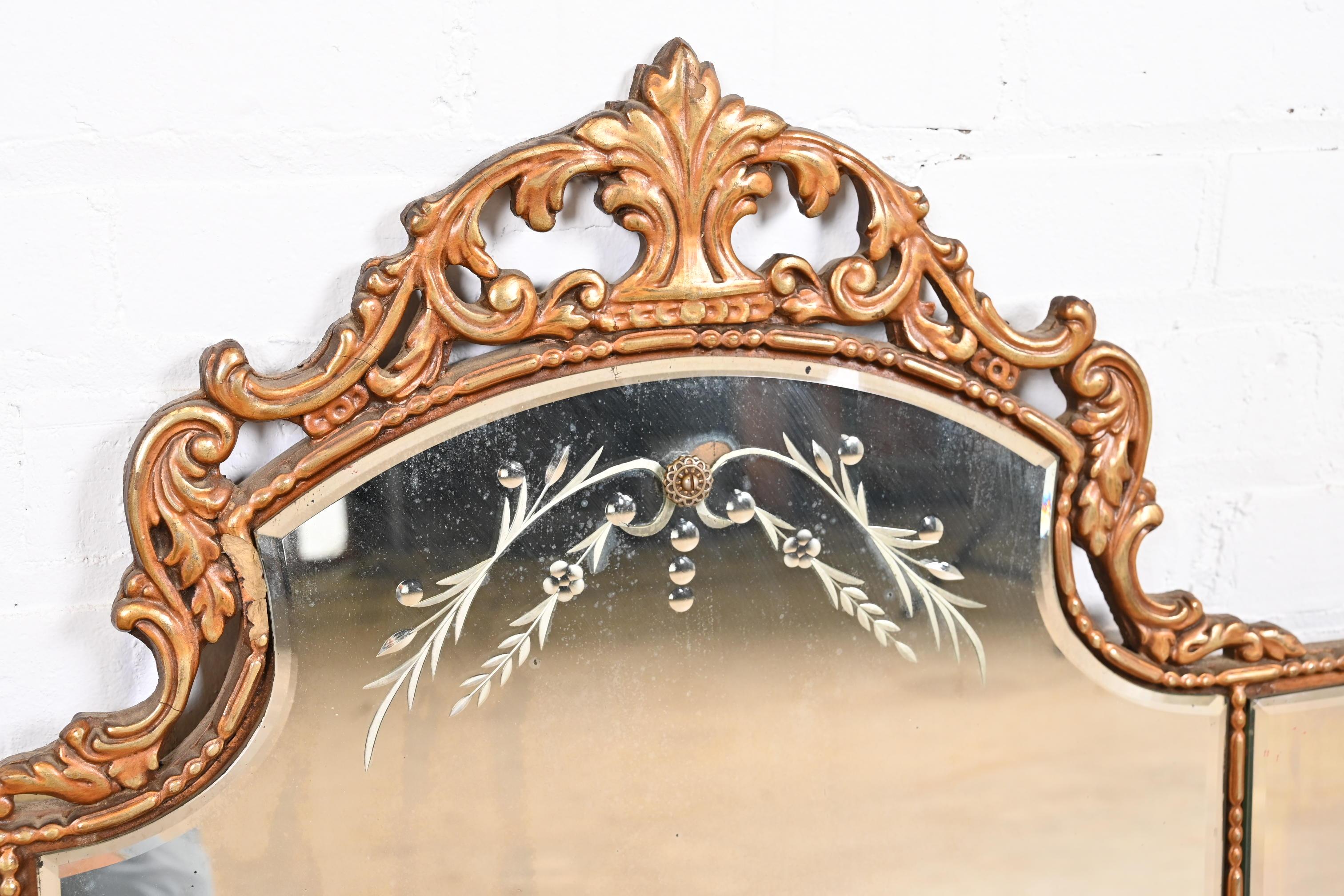 Vintage Italian Rococo Giltwood Triple Mirror 1