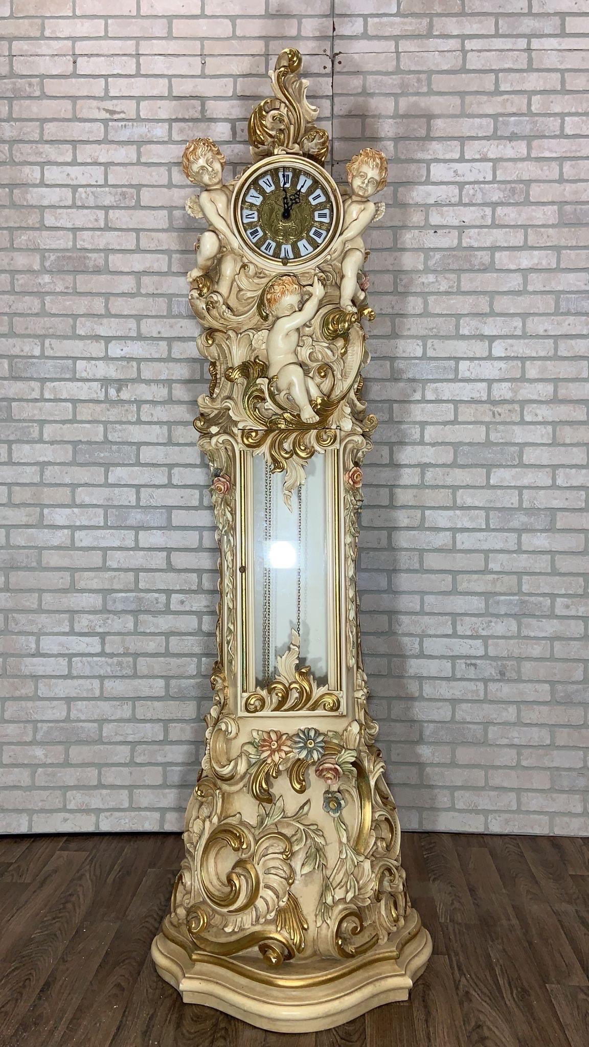Vintage Italian Rococo Hand Carved and Painted Cherub/Angel Grandfathers Clock For Sale 5