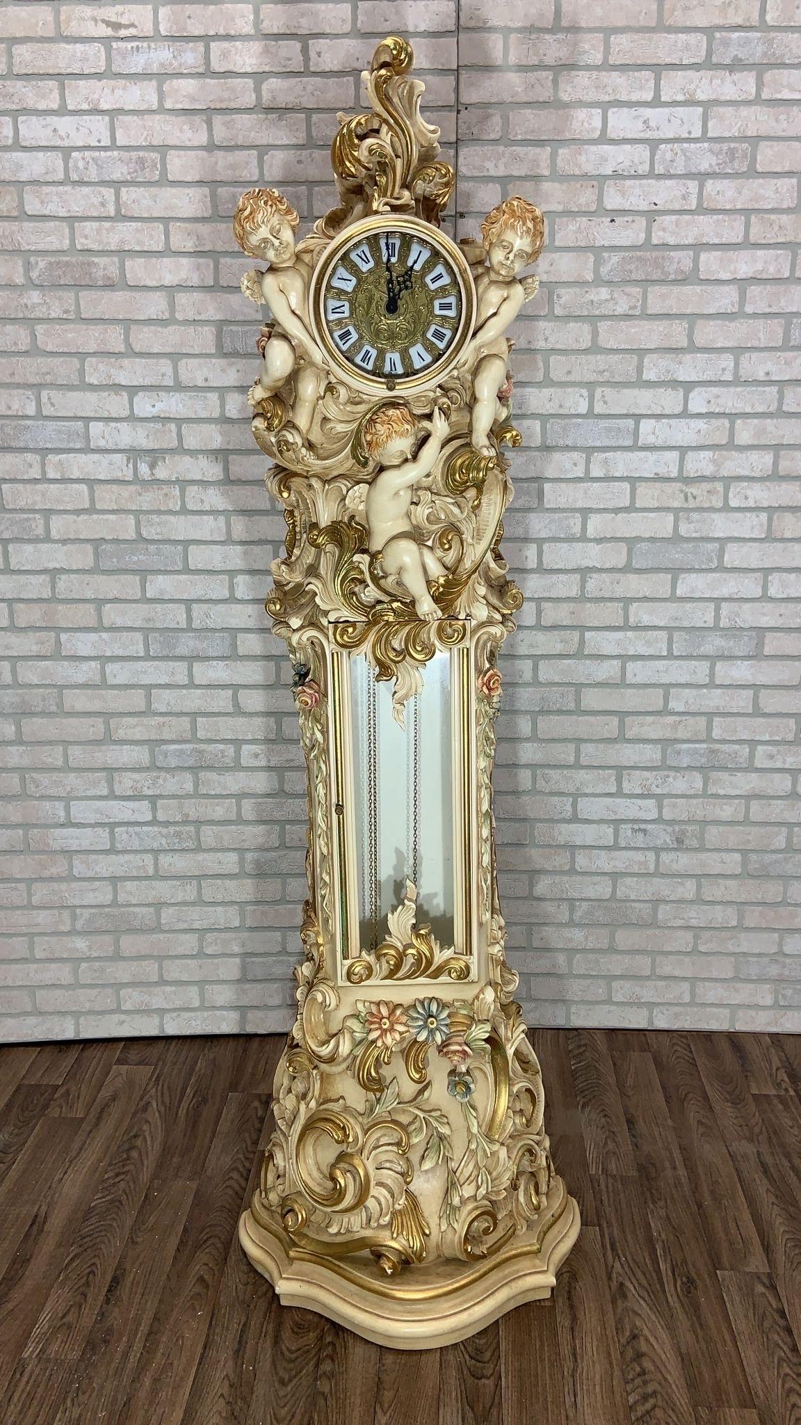 Vintage Italian Rococo Hand Carved and Painted Cherub/Angel Grandfathers Clock For Sale 7