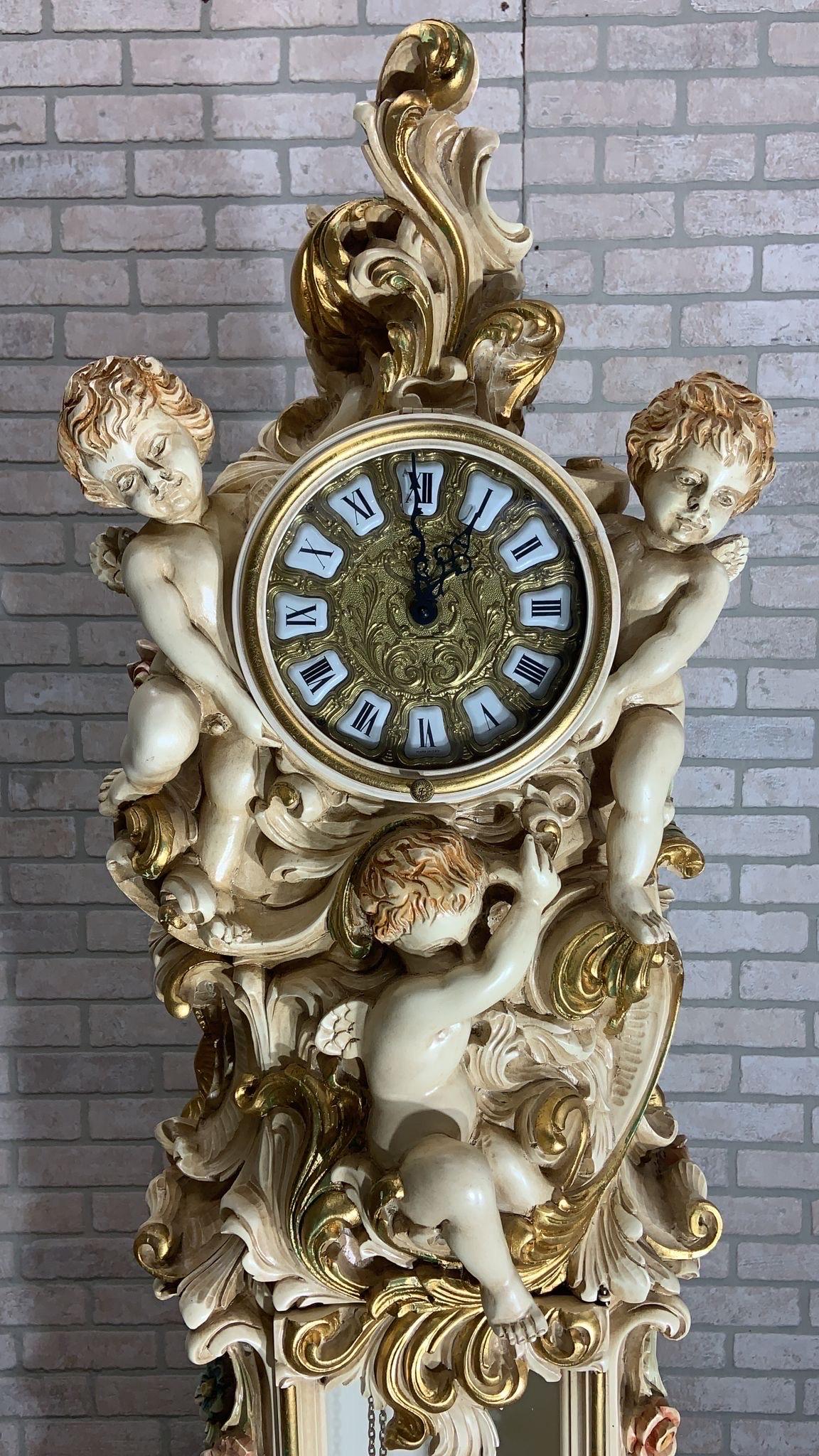 Vintage Italian Rococo Hand Carved and Painted Cherub/Angel Grandfathers Clock For Sale 3