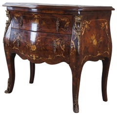 Vintage Italian Rococo Mahogany Burl Marquetry Bombe Chest of Drawers Commode