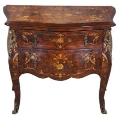 Vintage Italian Rococo Mahogany Burl Marquetry Bombe Chest of Drawers Commode