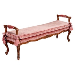 Vintage Italian Rococo Style Carved Walnut Bench with Rose Velvet Upholstery