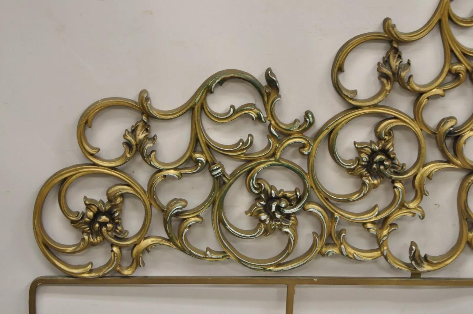Vintage Italian Rococo Style Gold Gilt Metal Scrolling King Size Bed Headboard In Good Condition In Philadelphia, PA