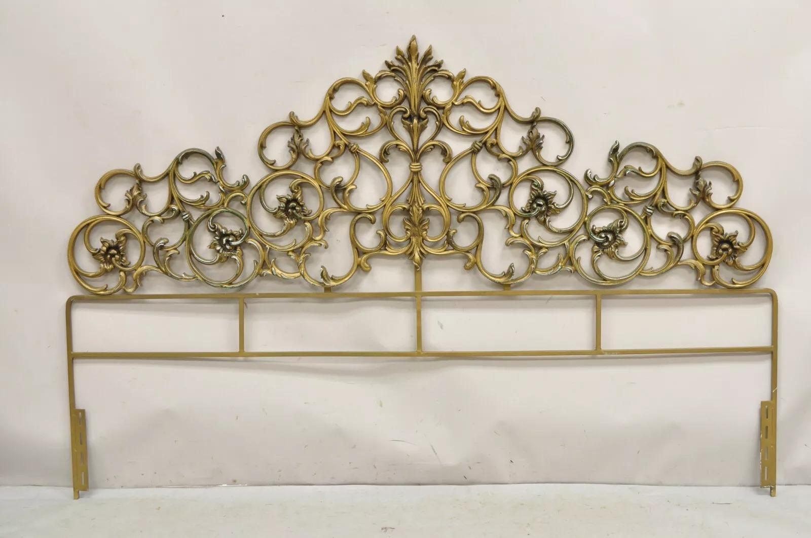 Vintage Italian Rococo Style Gold Gilt Metal Scrolling King Size Bed Headboard 4