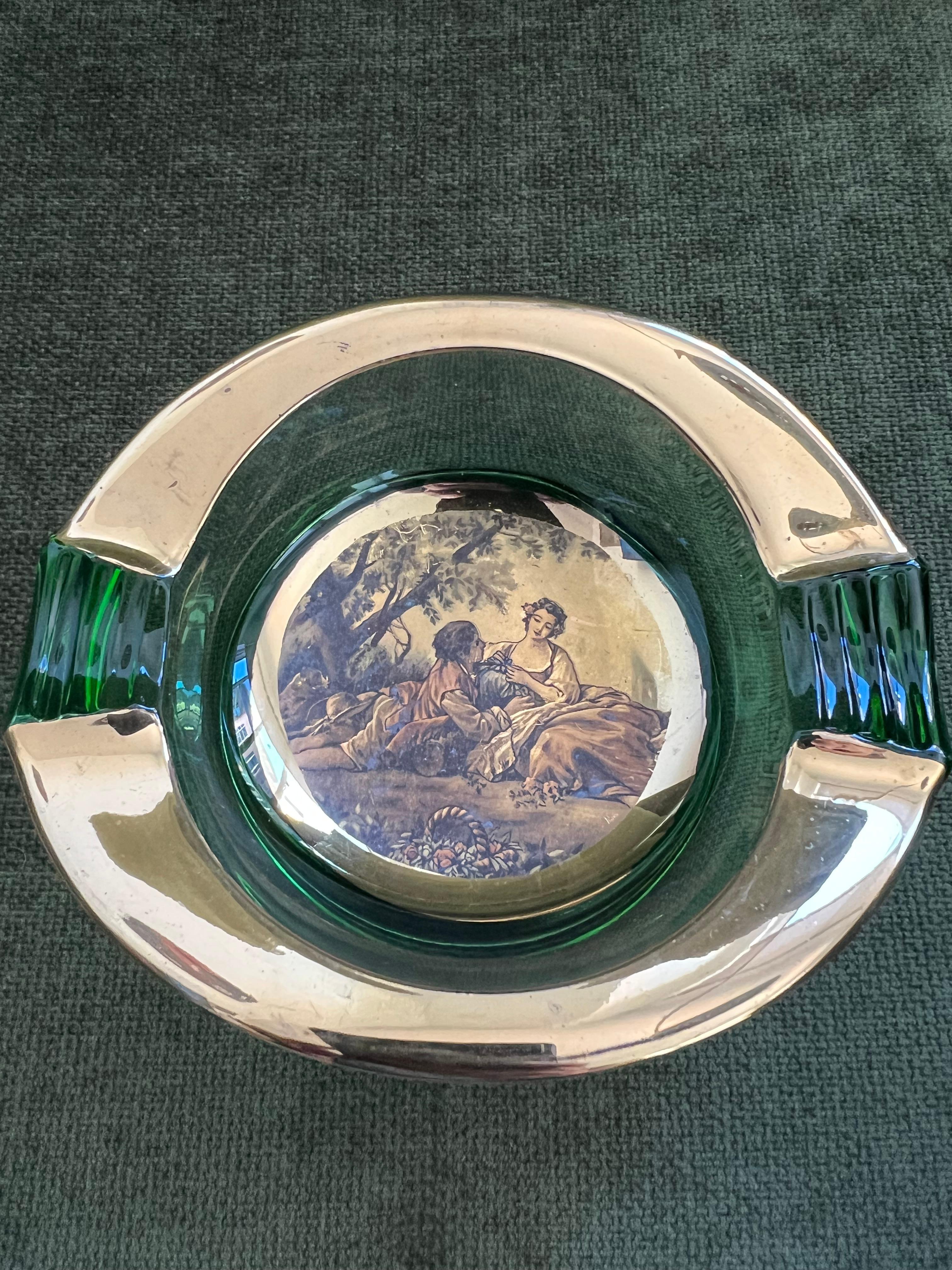 Vintage Italian Romeo & Juliet Ashtray Trinket Dish Green Glass With Gold 1950 For Sale 7