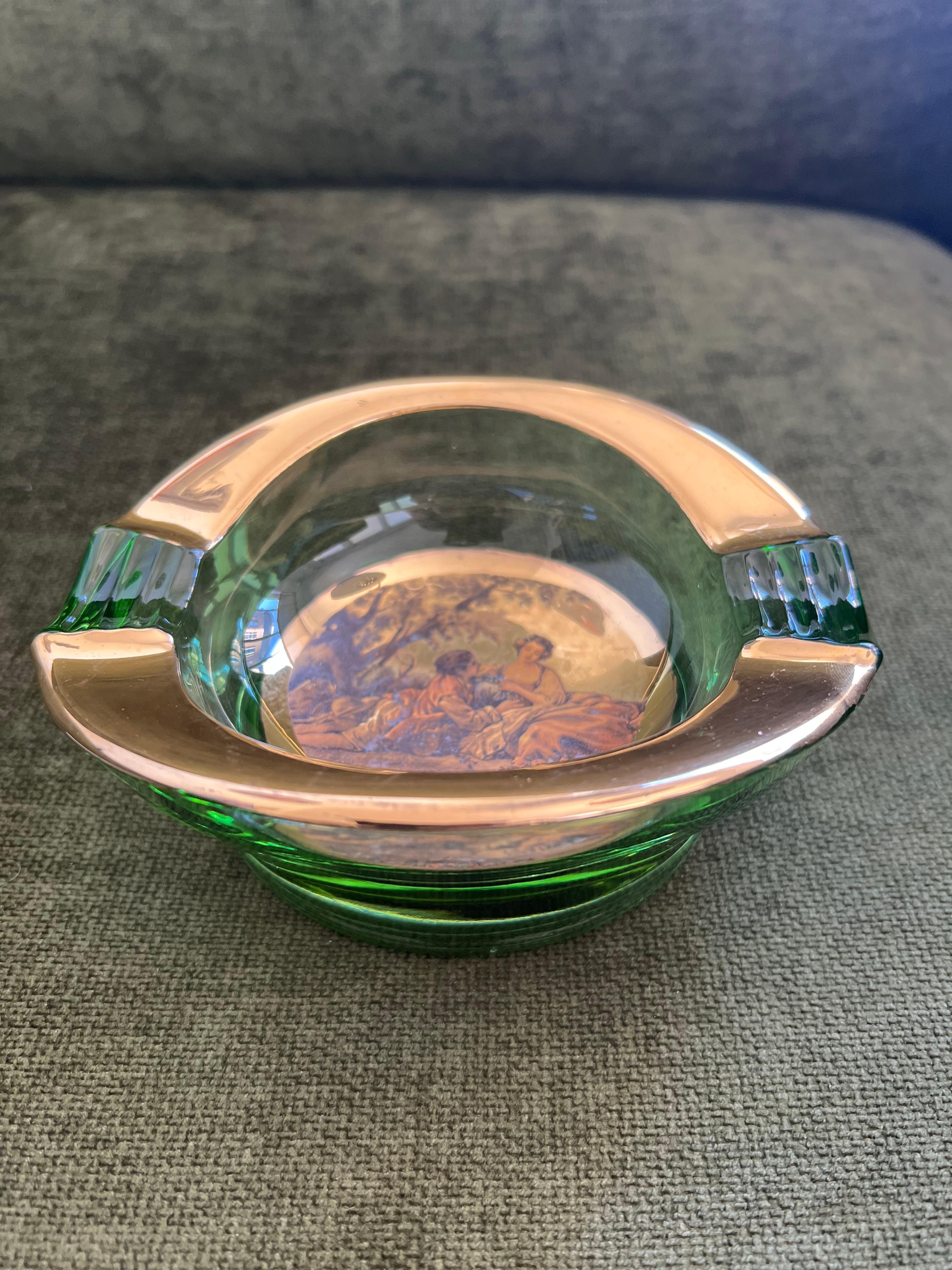 Vintage Italian Romeo & Juliet Ashtray Trinket Dish Green Glass With Gold 1950 For Sale 8