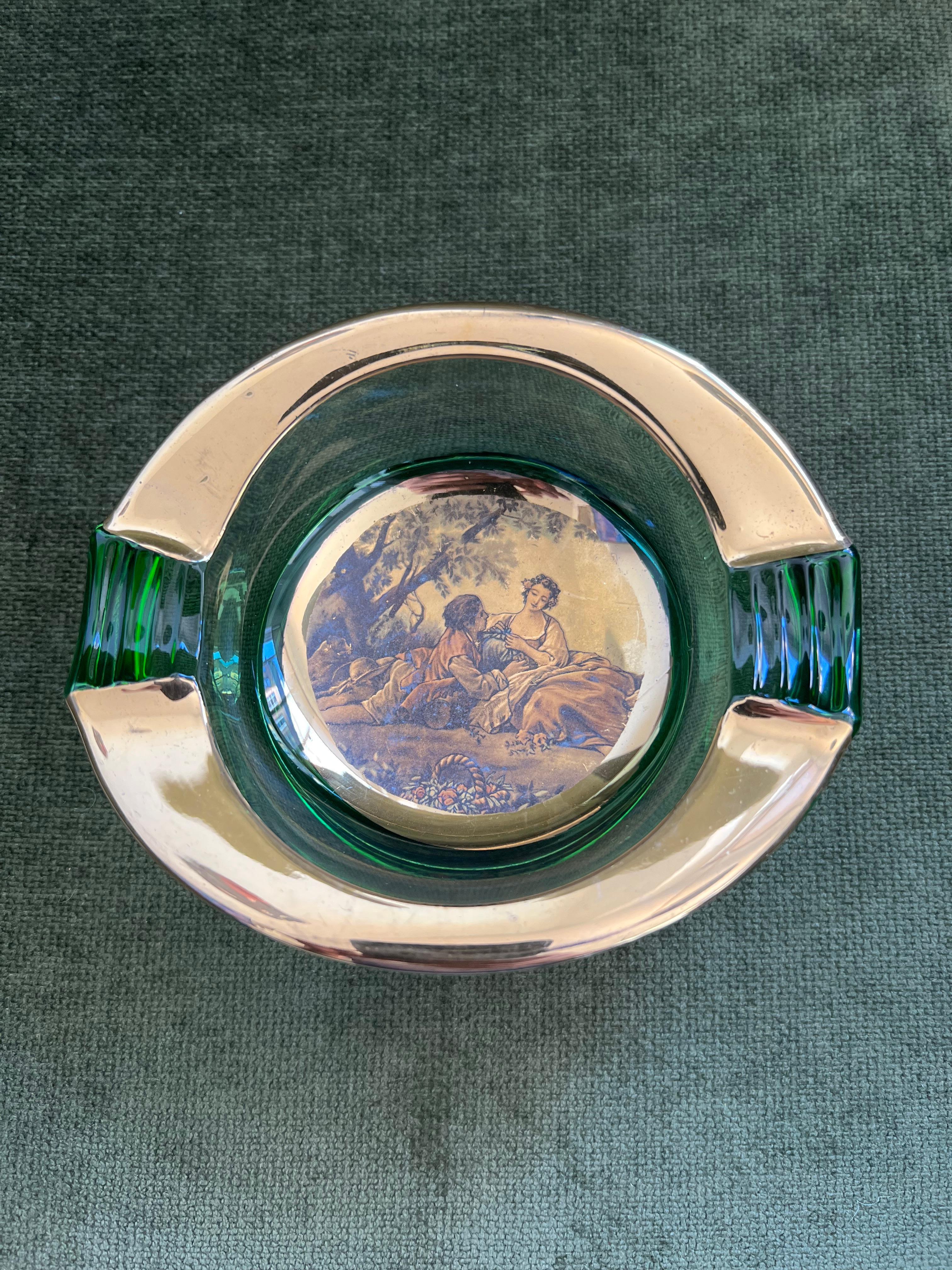 Vintage Italian Romeo & Juliet Ashtray Trinket Dish Green Glass With Gold 1950 For Sale 9