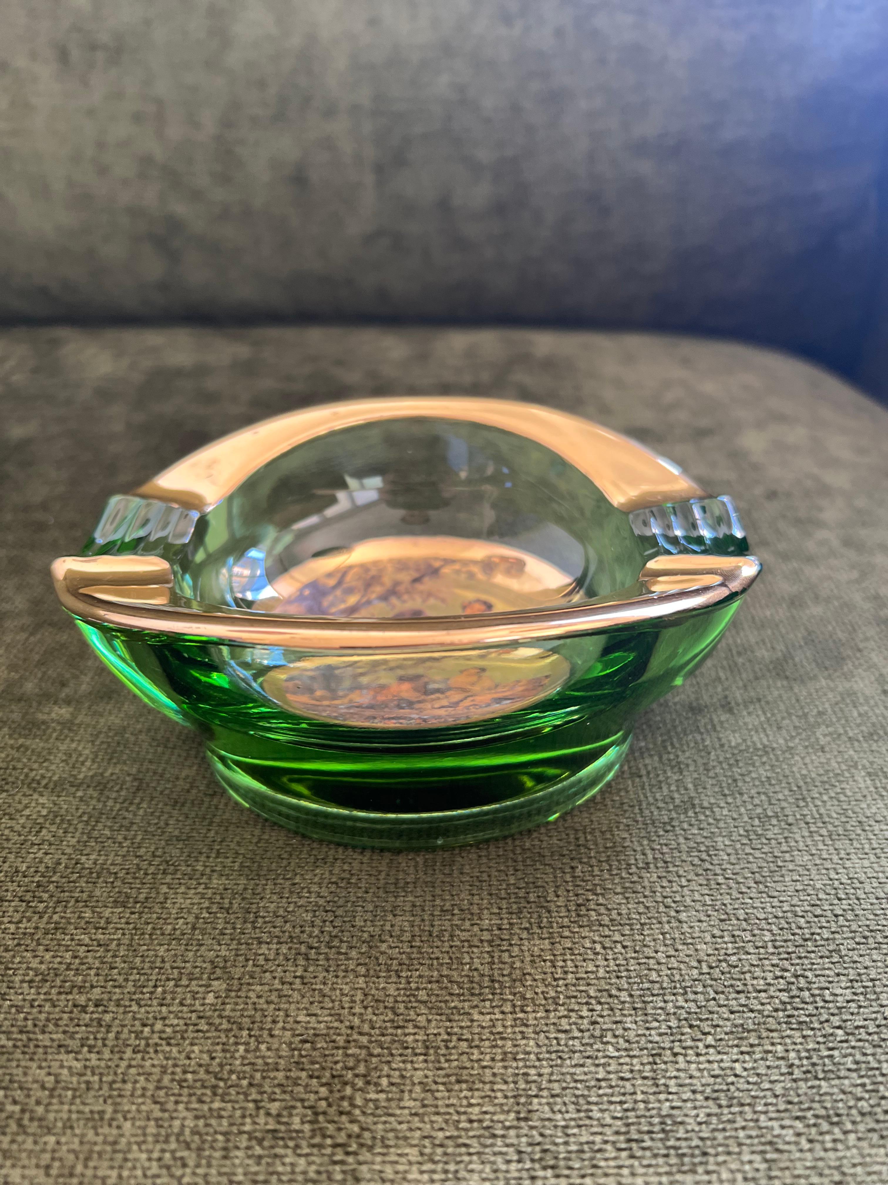 Vintage Italian Romeo & Juliet Ashtray Trinket Dish Green Glass With Gold 1950 For Sale 10