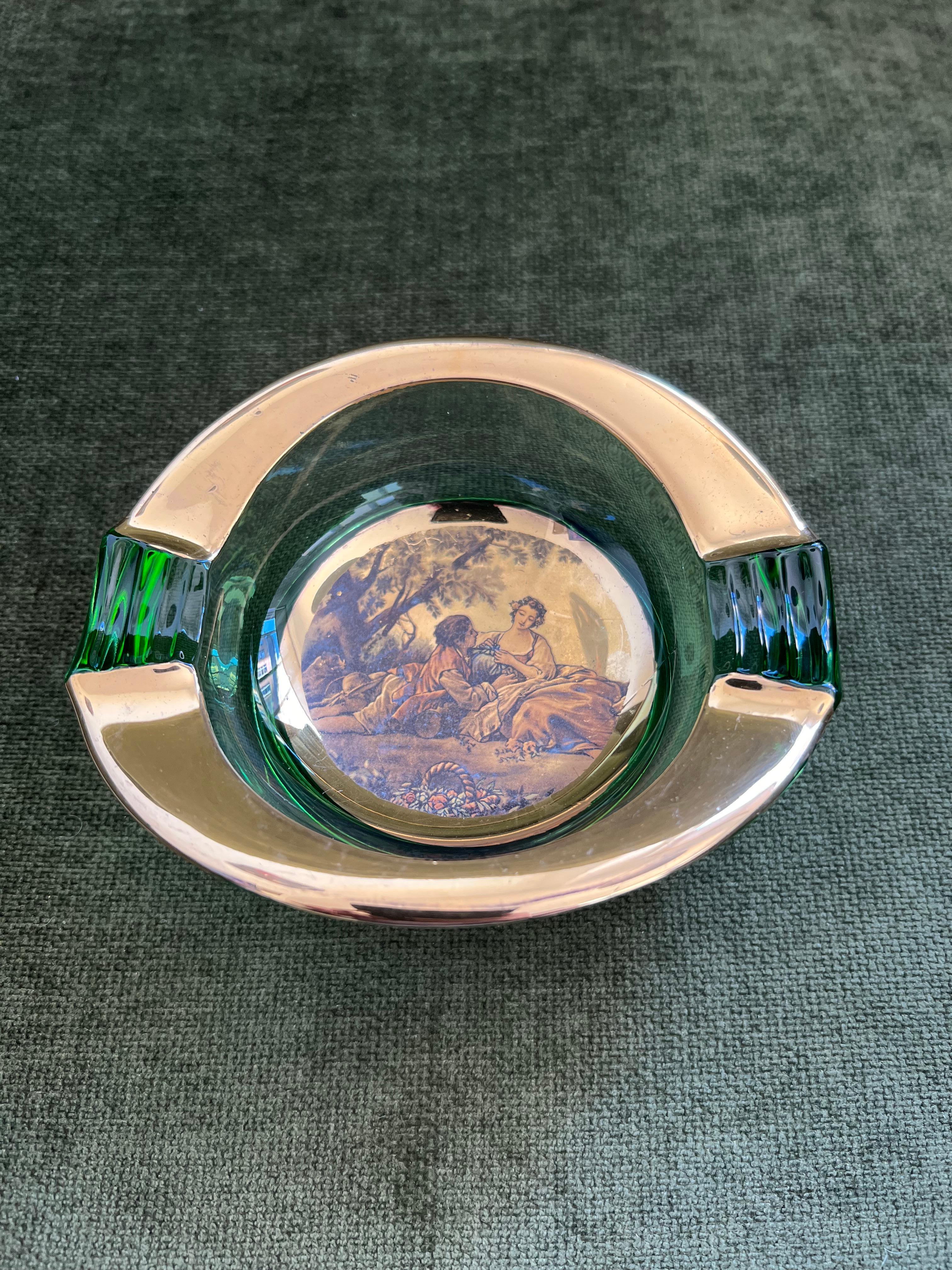 Vintage Italian Romeo & Juliet Ashtray Trinket Dish Green Glass With Gold 1950 For Sale 11