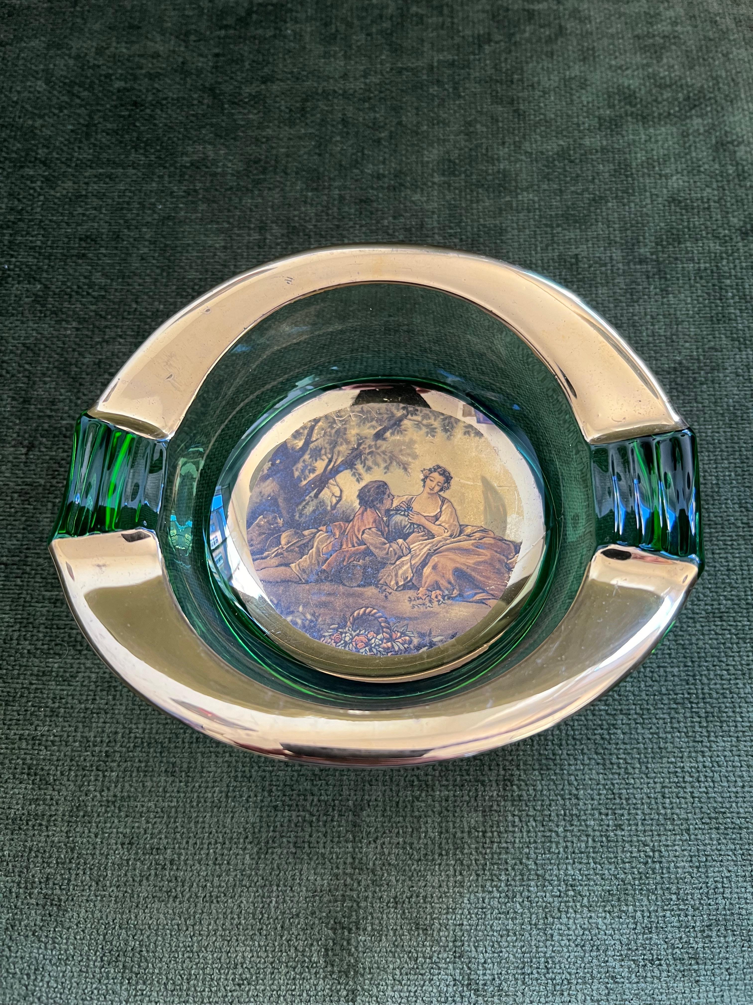 Vintage Italian Romeo & Juliet Ashtray Trinket Dish Green Glass With Gold 1950 For Sale 13