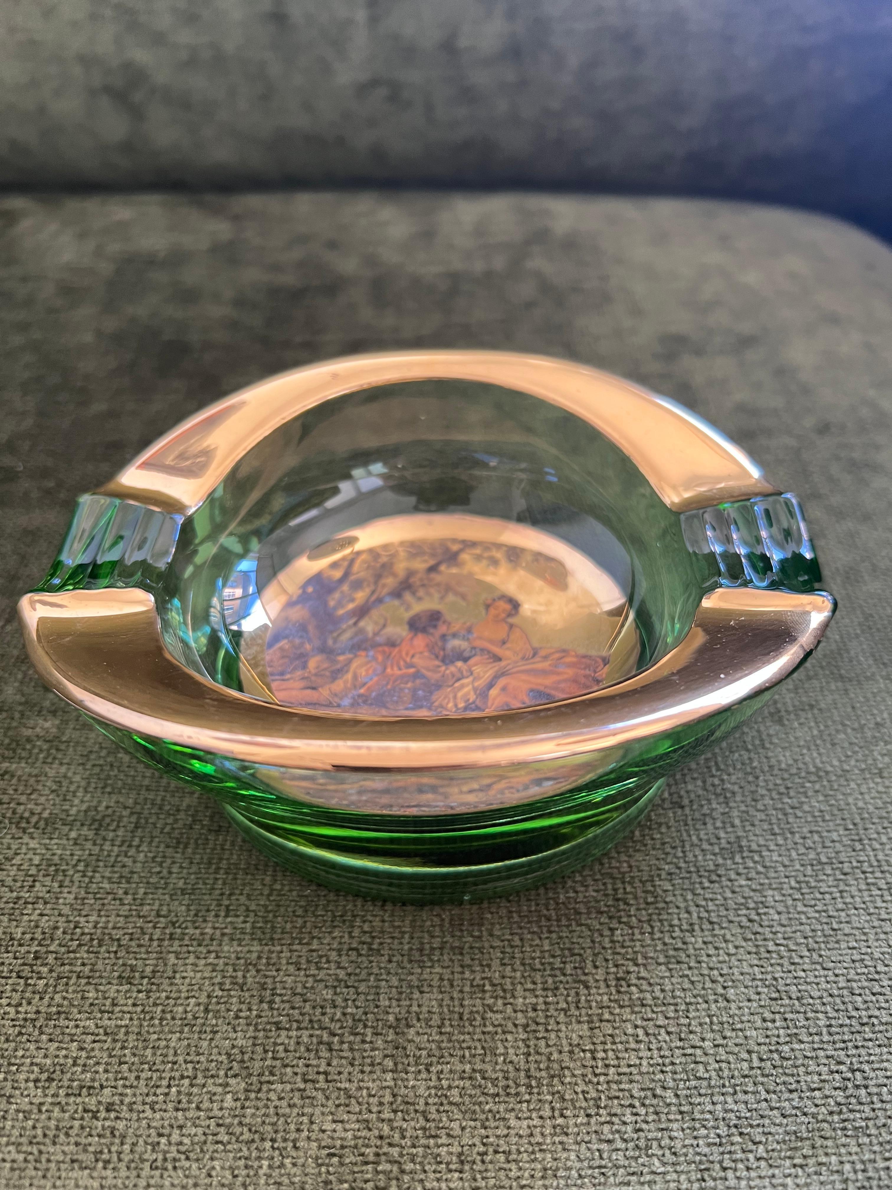Vintage Italian Romeo & Juliet Ashtray Trinket Dish Green Glass With Gold 1950 For Sale 14