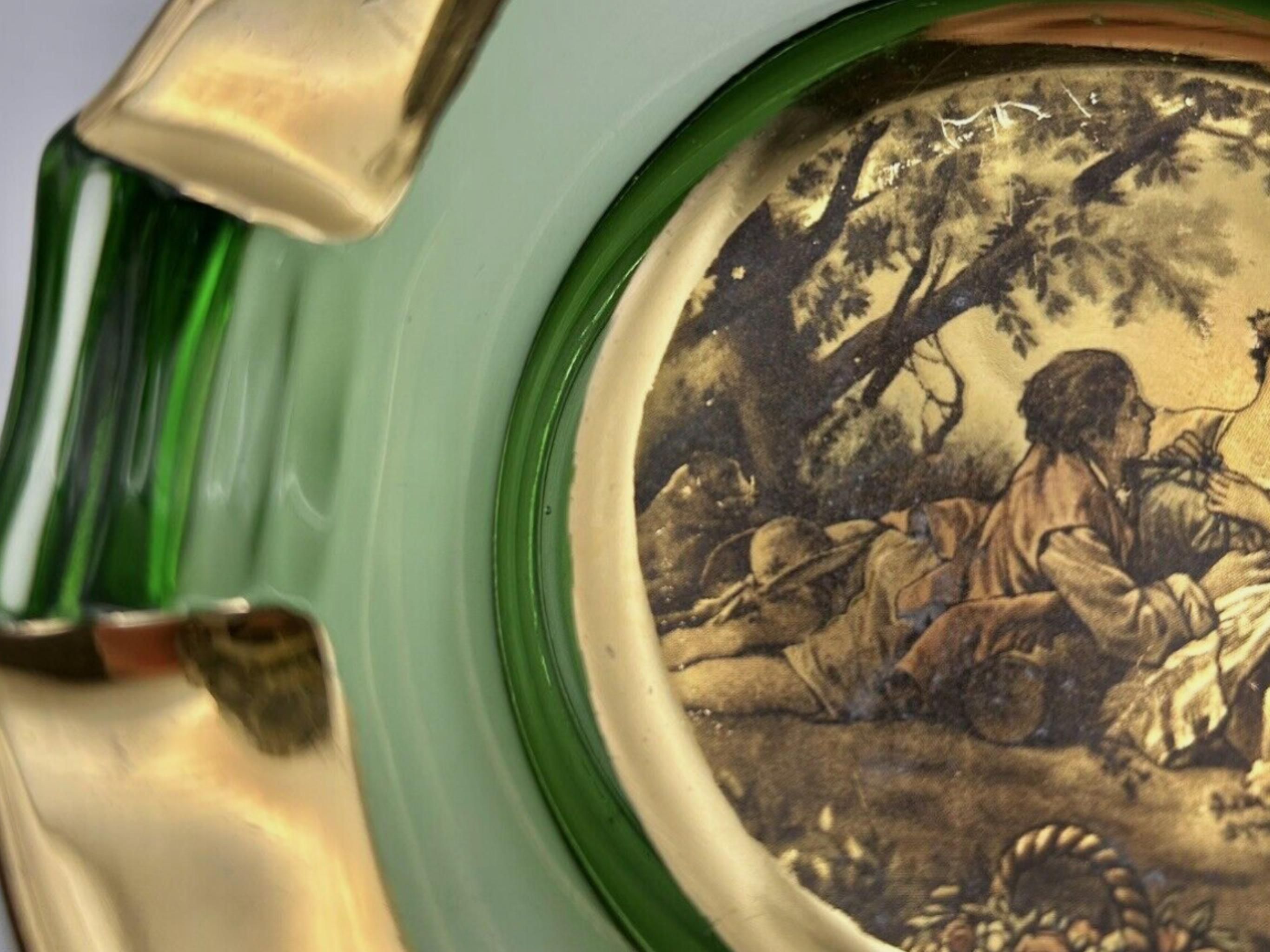 Art Nouveau Vintage Italian Romeo & Juliet Ashtray Trinket Dish Green Glass With Gold 1950 For Sale