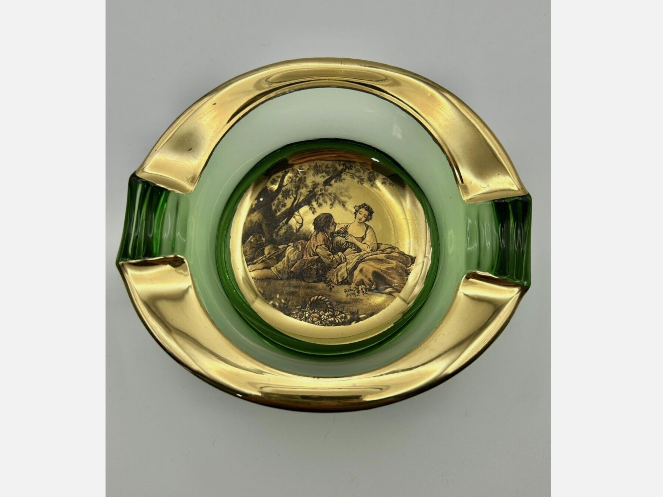 Vintage Italian Romeo & Juliet Ashtray Trinket Dish Green Glass With Gold 1950 For Sale 1