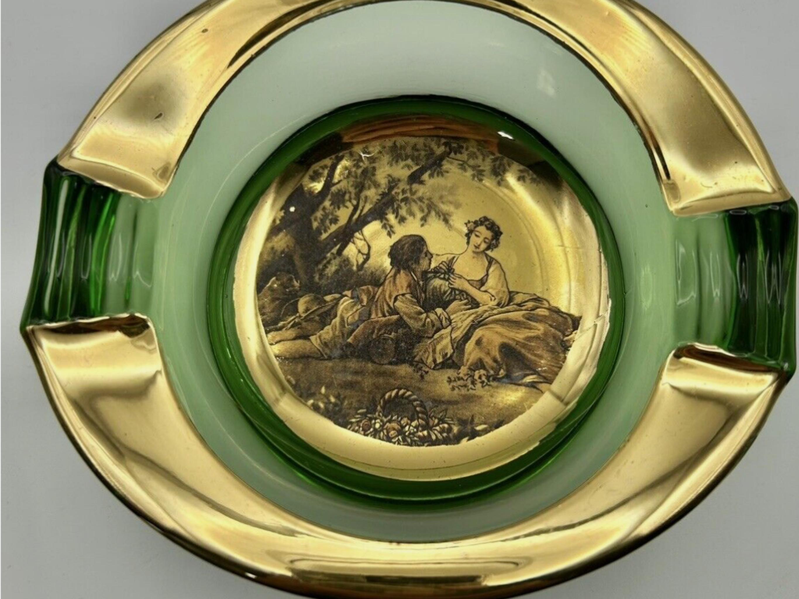 Vintage Italian Romeo & Juliet Ashtray Trinket Dish Green Glass With Gold 1950 For Sale 2