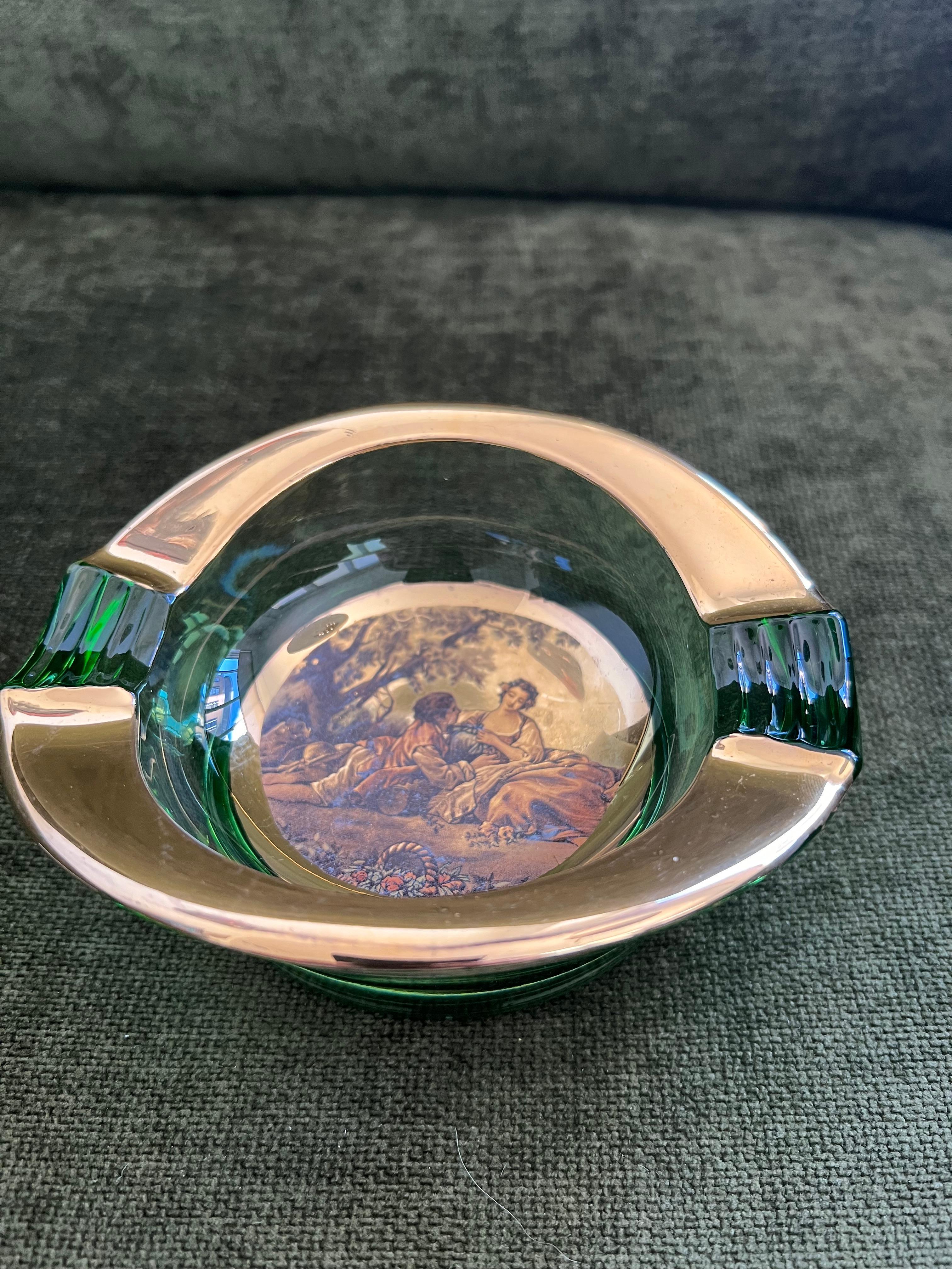 Vintage Italian Romeo & Juliet Ashtray Trinket Dish Green Glass With Gold 1950 For Sale 3