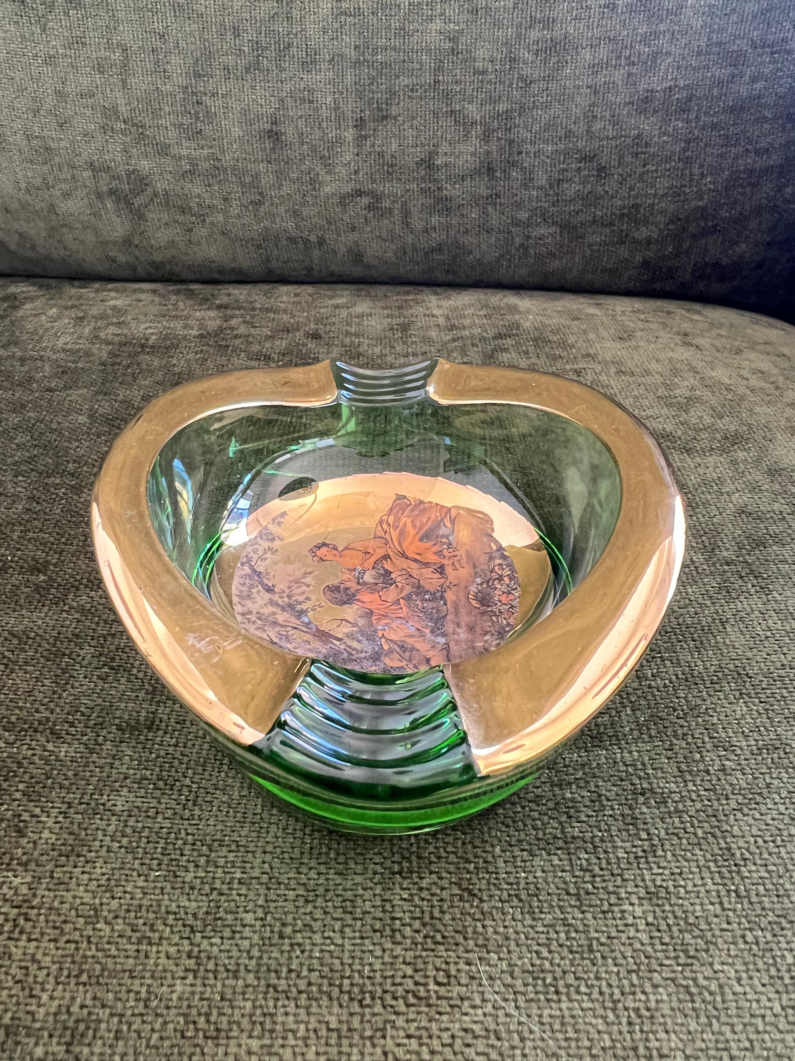 Vintage Italian Romeo & Juliet Ashtray Trinket Dish Green Glass With Gold 1950 For Sale 4