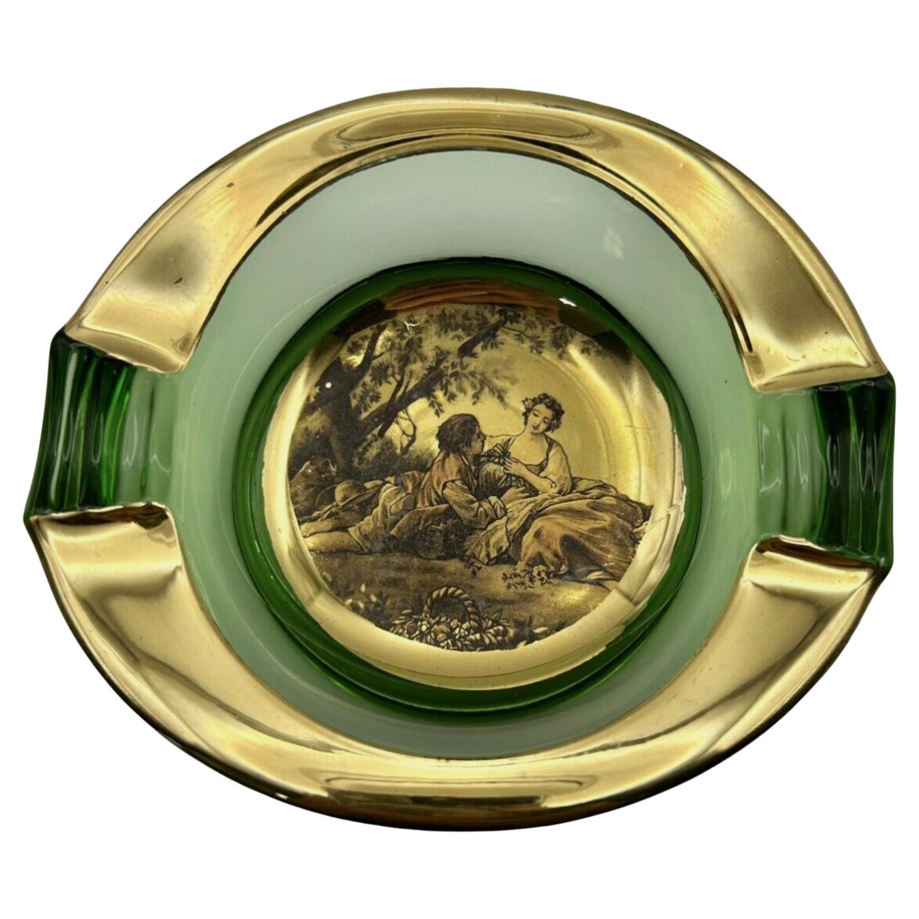 Italienischer Romeo & Juliet-Aschenbecher im Vintage-Stil, Trinket-Schale, grünes Glas mit Gold, 1950