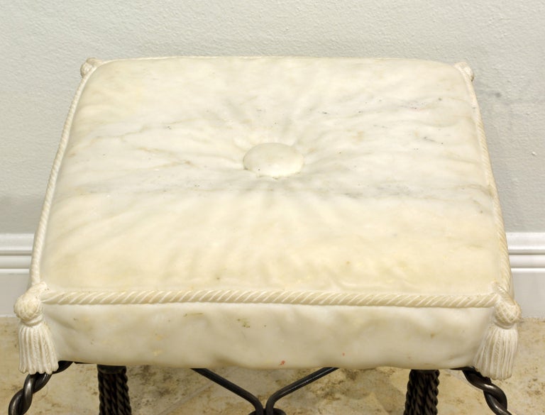 Neoclassical Revival Vintage Italian Rope and Tassel Design Bench with Carved Marble Seat