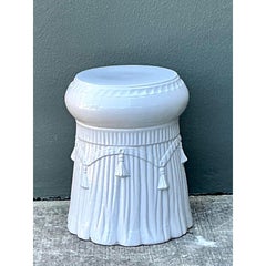 Vintage Italian Rope and Tassel Glazed Ceramic Low Stool