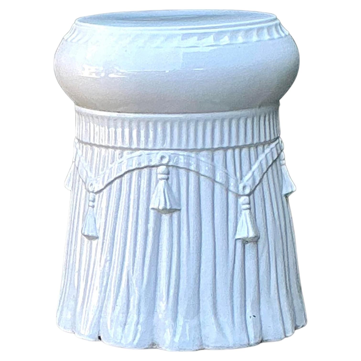 Vintage Italian Rope and Tassel Glazed Ceramic Low Stool