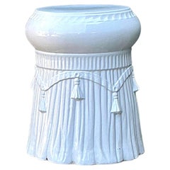 Vintage Italian Rope and Tassel Glazed Ceramic Low Stool