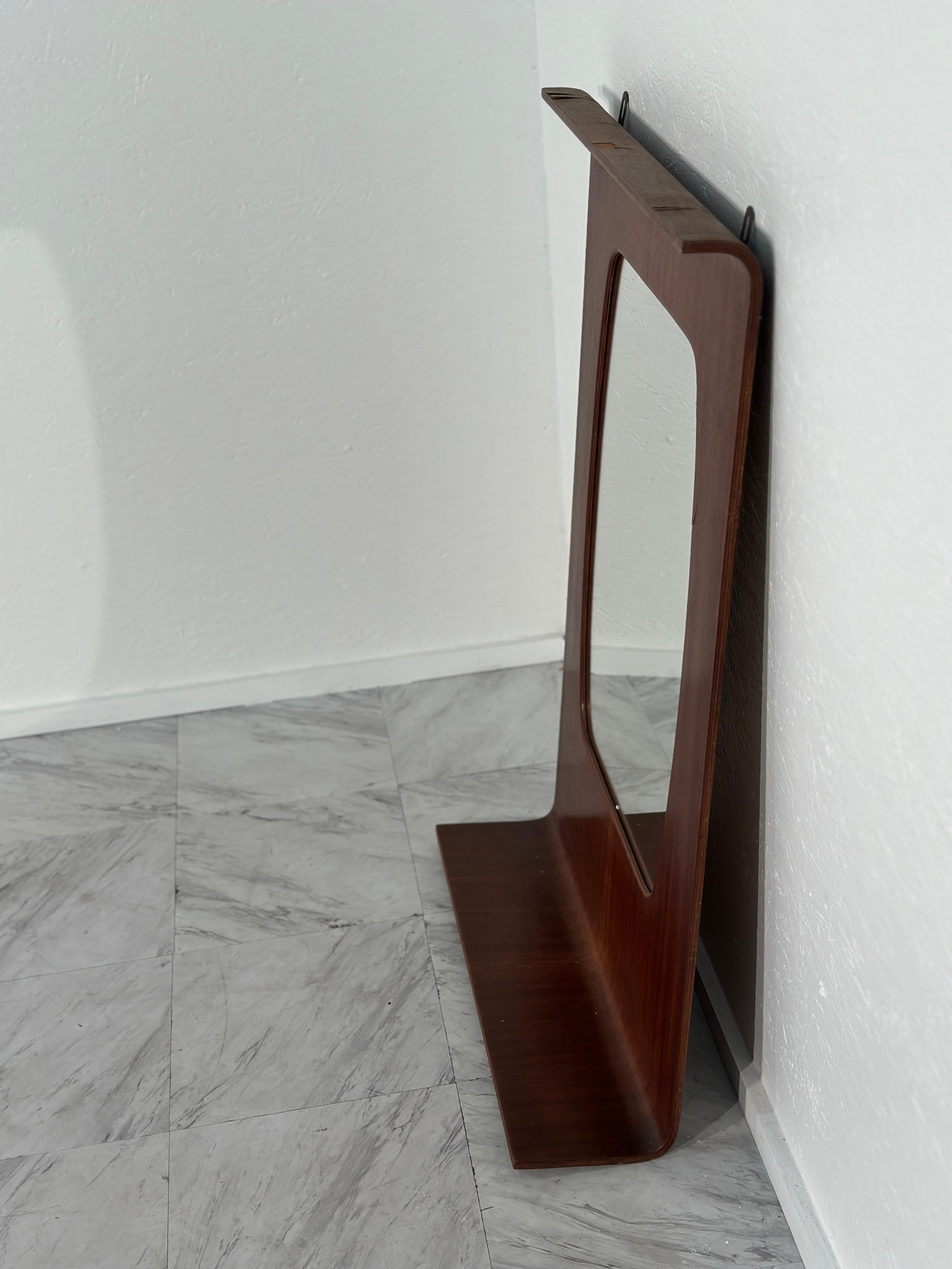 Mid-20th Century Vintage Italian Rosewood Veneer Plywood Mirror with Lower Shelf 1960 For Sale