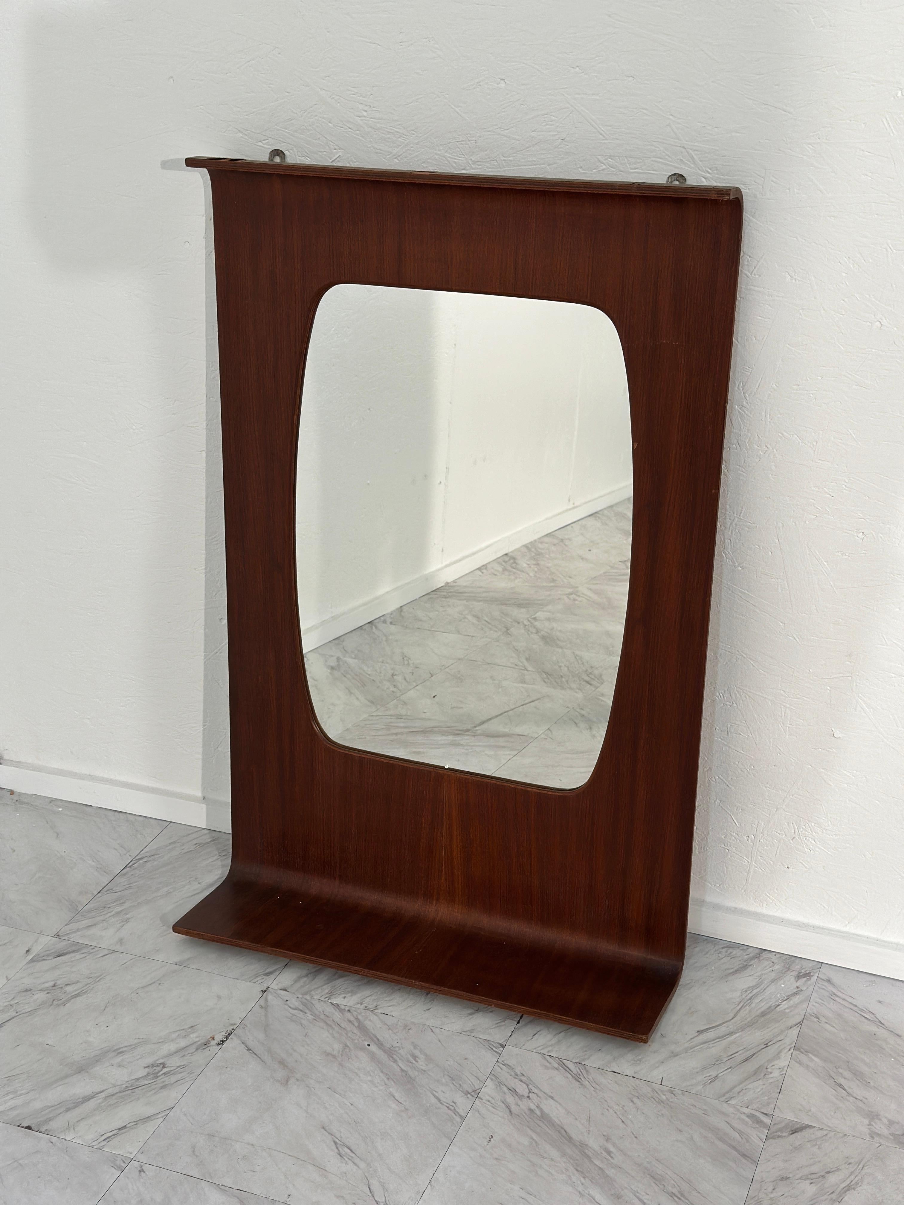 Vintage Italian Rosewood Veneer Plywood Mirror with Lower Shelf 1960 For Sale 1