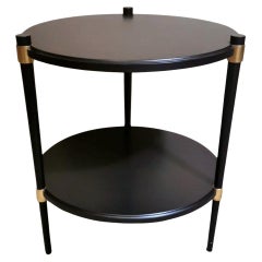 Vintage Italian Round Coffee Table in Ebonized Wood Two Shelves Brass Finish