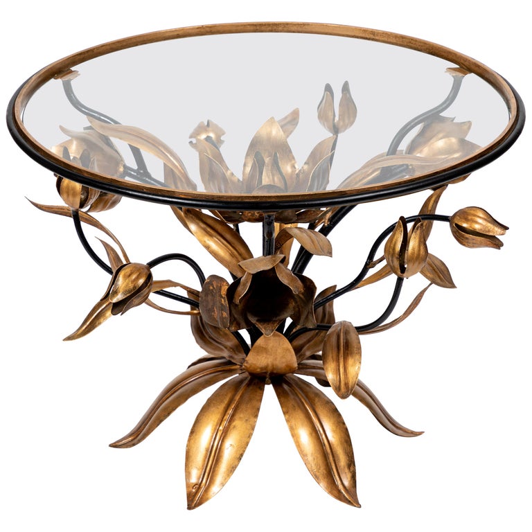 Vintage Italian Round Gilded Gold and Black Metal Tulip Cocktail Table ...