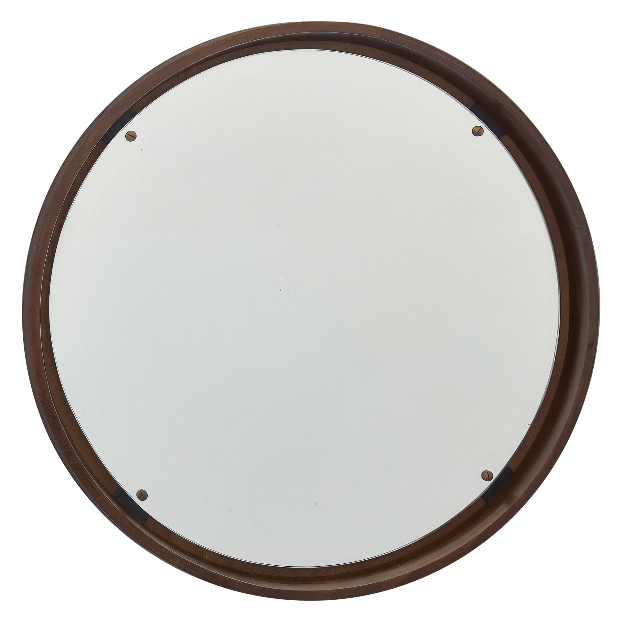 Vintage Italian Round Inset Mirror in Walnut Frame