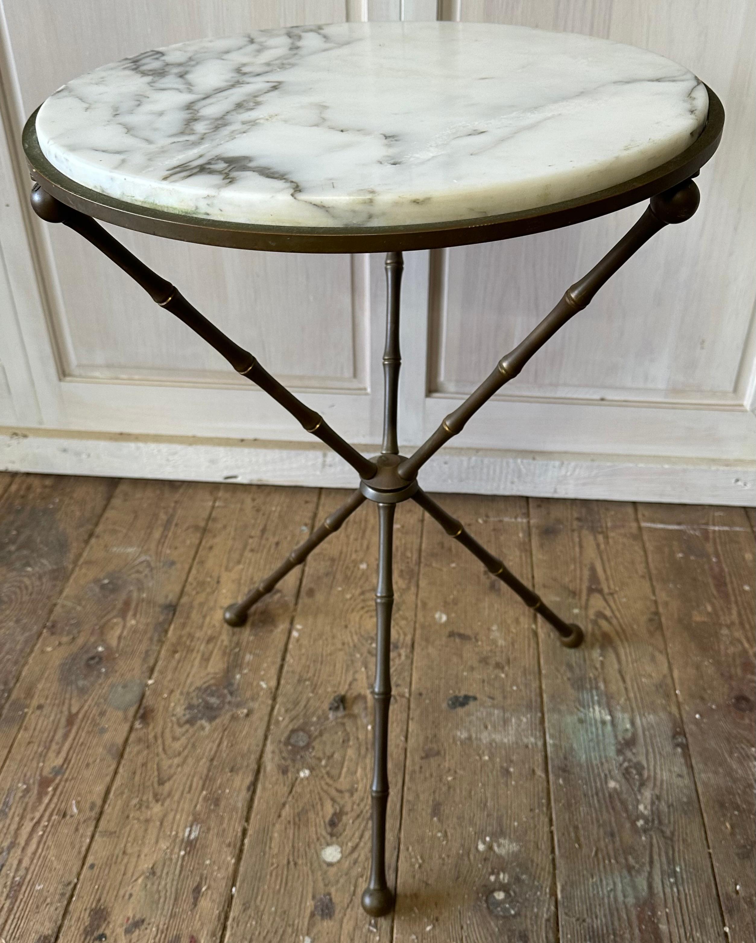 Metal Vintage Italian Round Marble Tripod Side Table or Cocktail Table