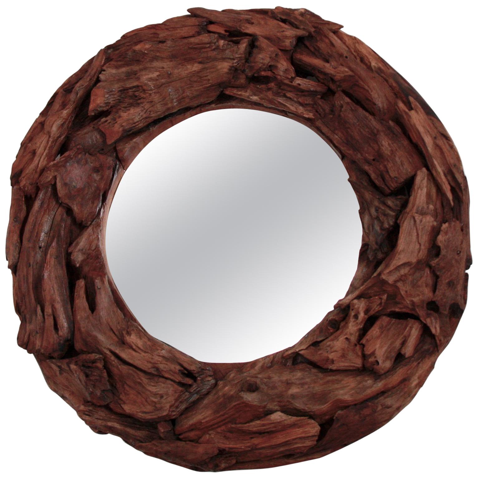 Vintage Italian Round Mirror in Floating Wood, circa 1960 For Sale